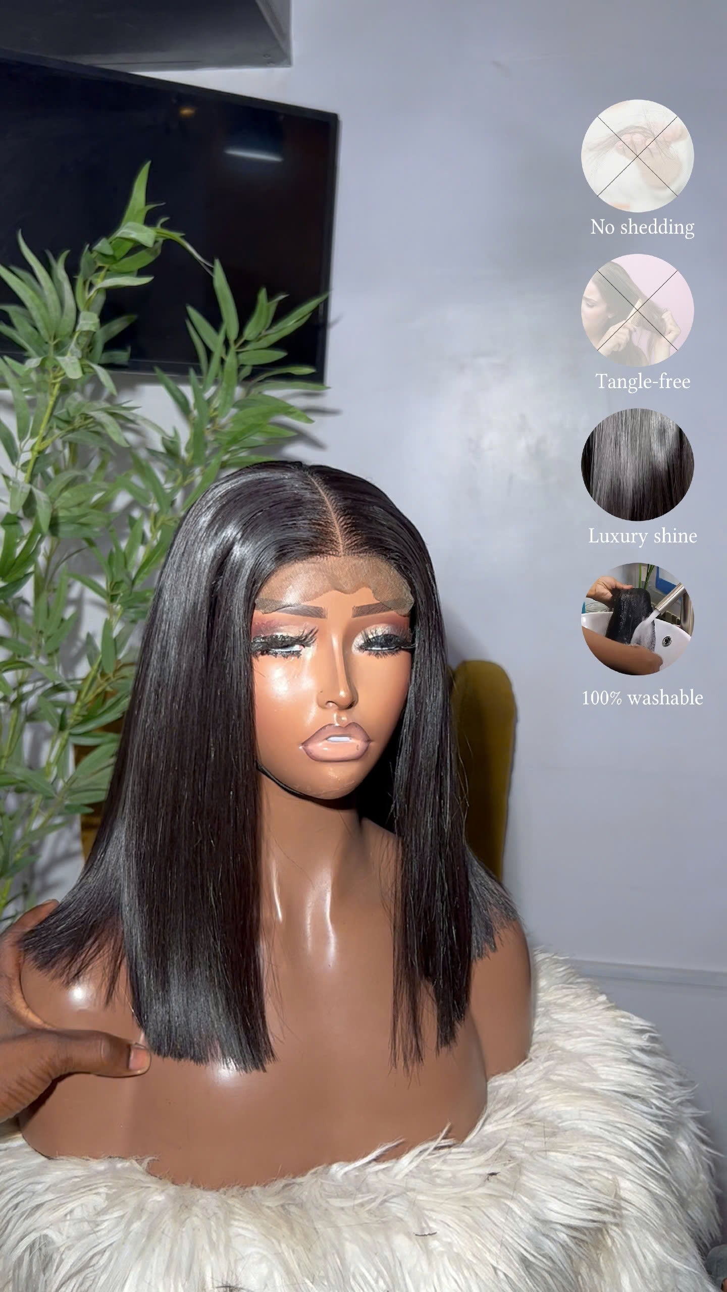 Medium-Length Natural Black 2x4 HD Lace Bob Human Hair Wig No Pre Cut