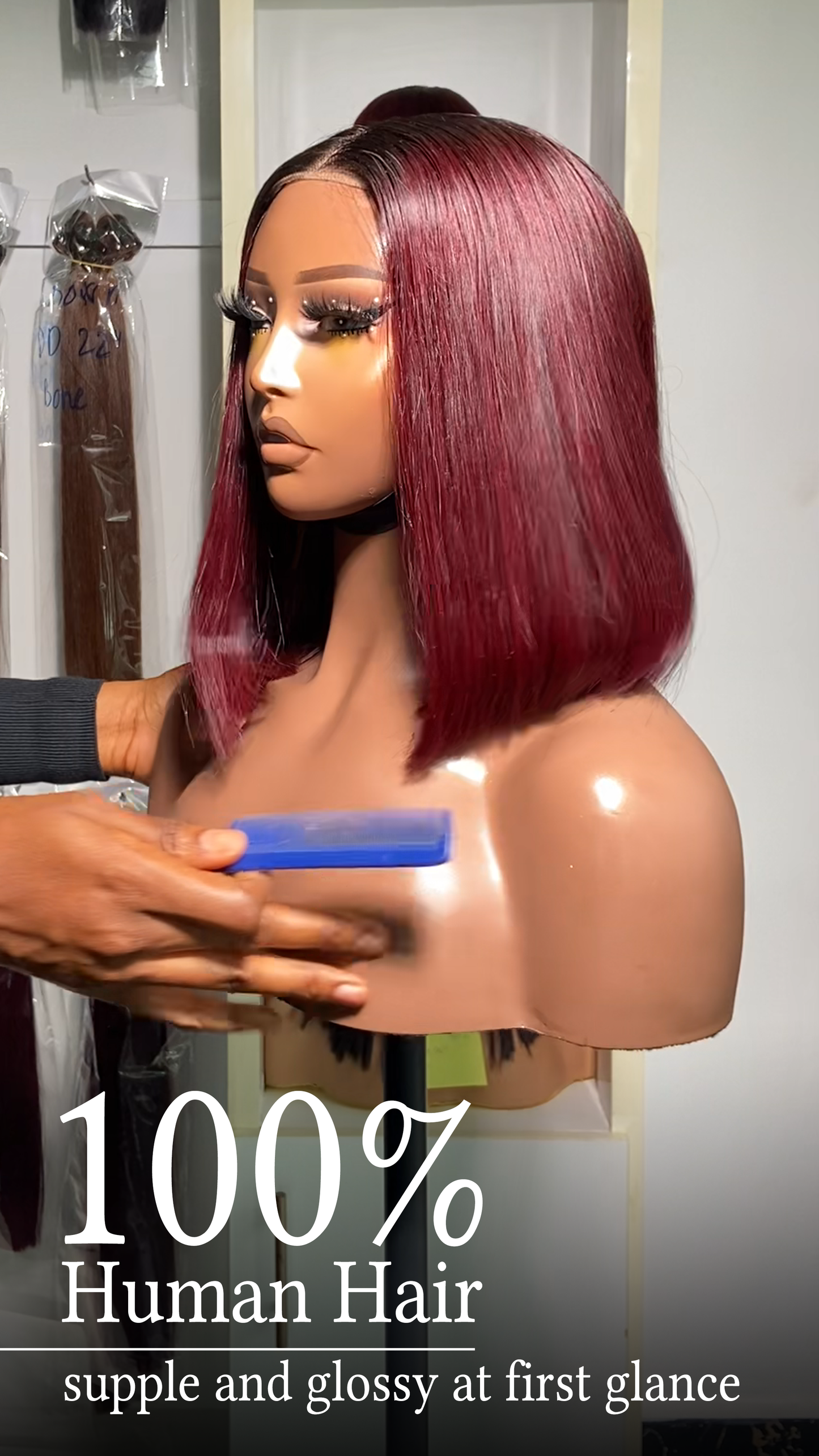 Black Cherry Super Bone Straight Cut 2by4 Closure Thin Lace Human Hair Glueless Wig
