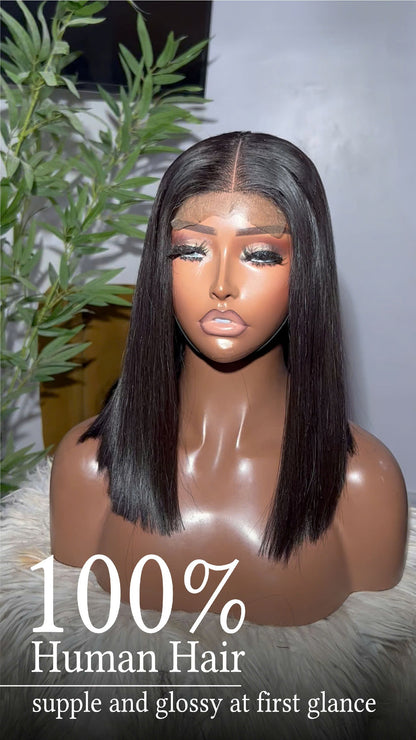 Medium-Length Natural Black 2x4 HD Lace Bob Human Hair Wig No Pre Cut